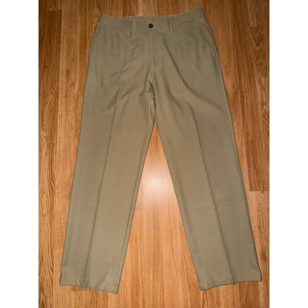 Haggar H26 Mens Khaki Tan Straight Leg Flat Front Dress Pants 34x30 WPL 386